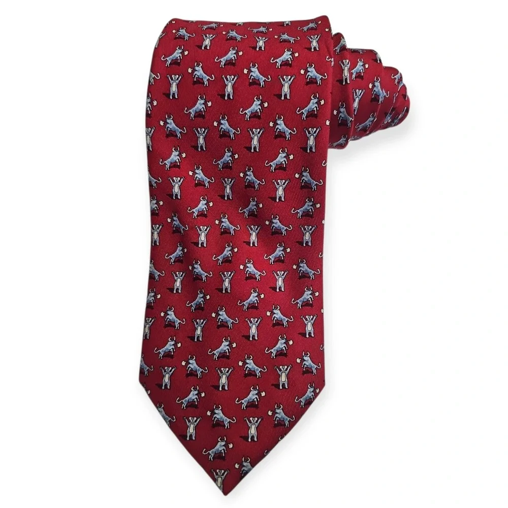 Vineyard Vines‎ Men's Tie Bull & Bear Stock Market Red Silk 3.25